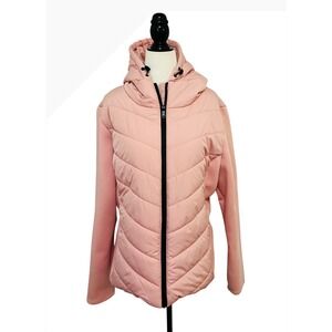 NEW Pink Quilted Puffer Jacket Hooded Knit Sleeve Womens XL